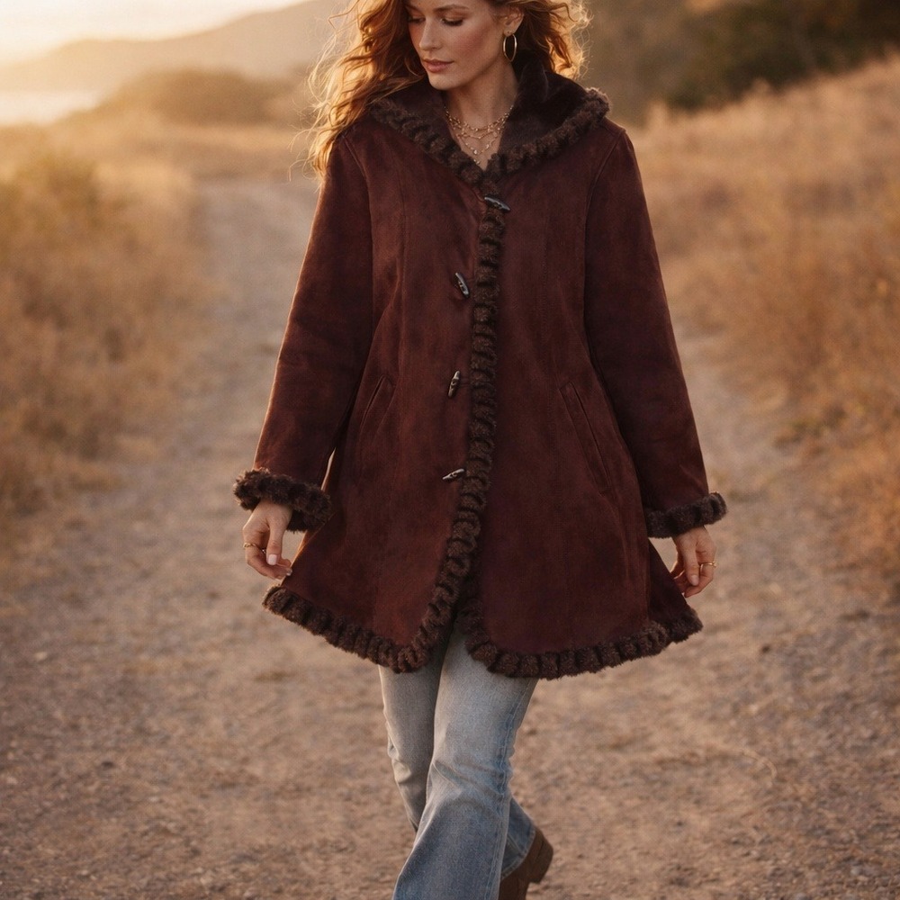 Jones New York Brown Vegan Suede Y2K Faux Fur Lined Coat Large Penny Lane